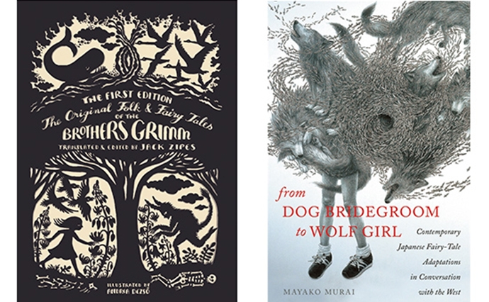 (左)大人が読むべきおとぎ話は、「まずはグリム童話だ」と村井は言う。写真は『The Original Folkand Fairy Tales of the BrothersGrimm』。(右)村井の新著『From Dog Bridegroom to Wolf Girl』の表紙絵は現代美術作家・鴻池朋子の作品。複雑で美しい構図の中に狼と少女が浮かび上がる。
